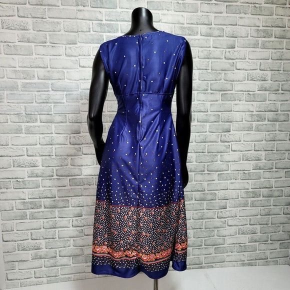 Vintage 50s Handmade Blue Floral Empire Waist Sleeveless Nylon Dress Pinup - Picture 4 of 6